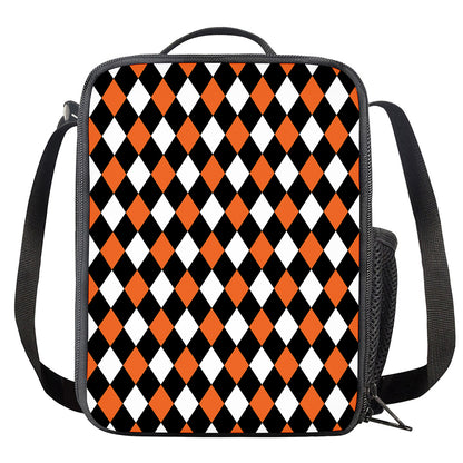Orange Black And White Harlequin Print Crossbody Lunch Bag