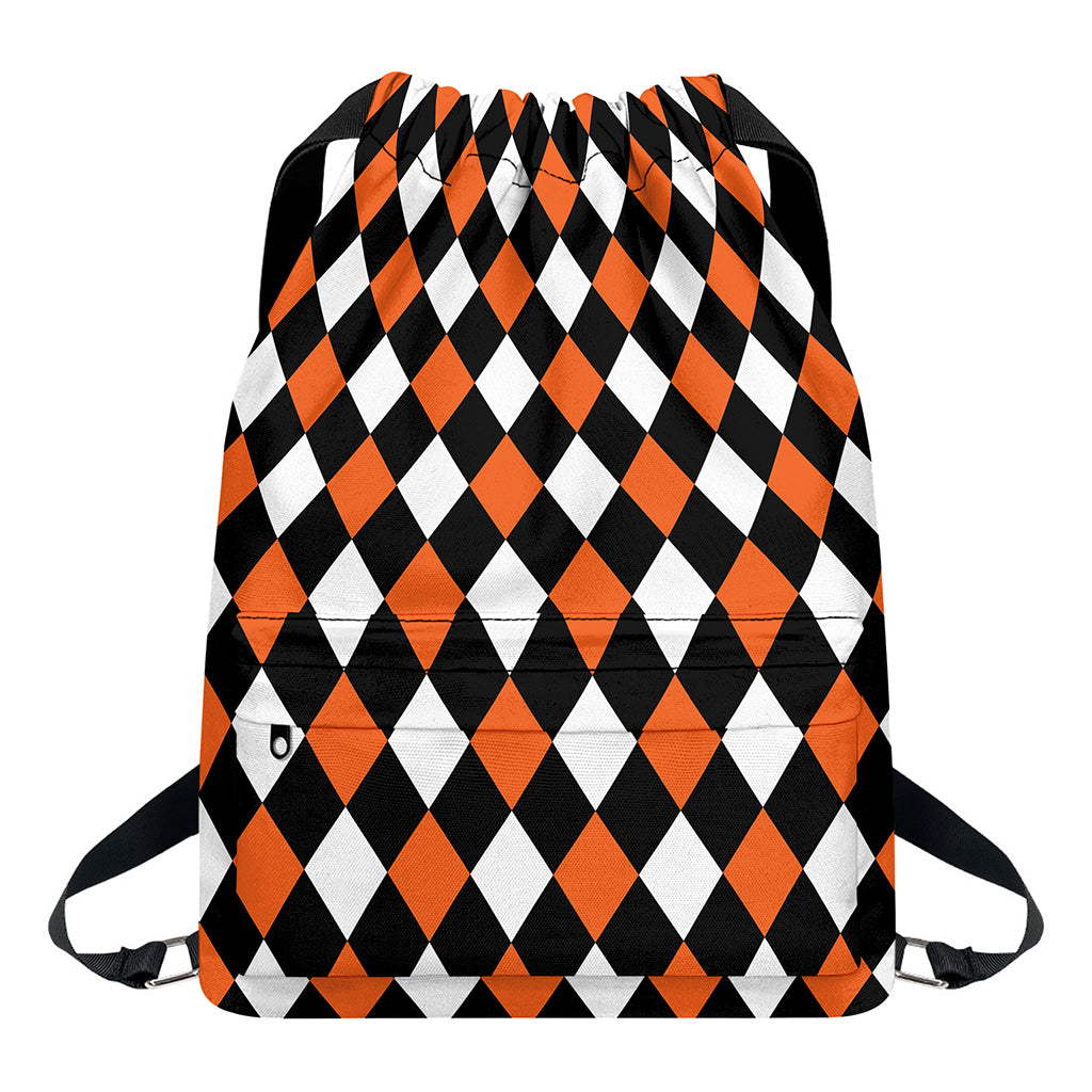 Orange Black And White Harlequin Print Drawstring Backpack