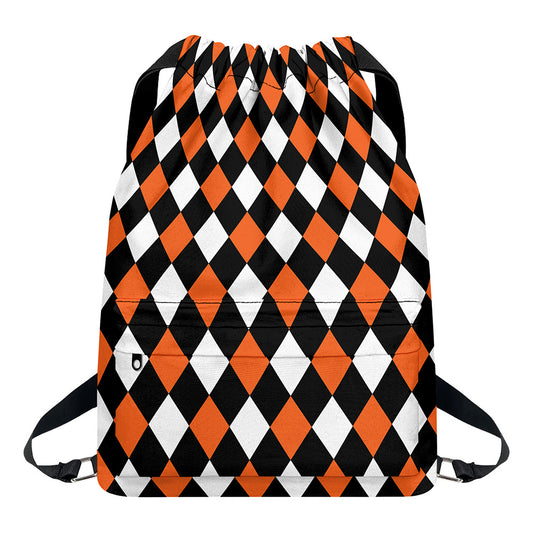 Orange Black And White Harlequin Print Drawstring Backpack