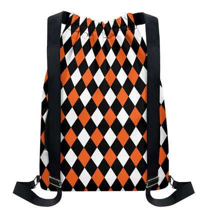 Orange Black And White Harlequin Print Drawstring Backpack