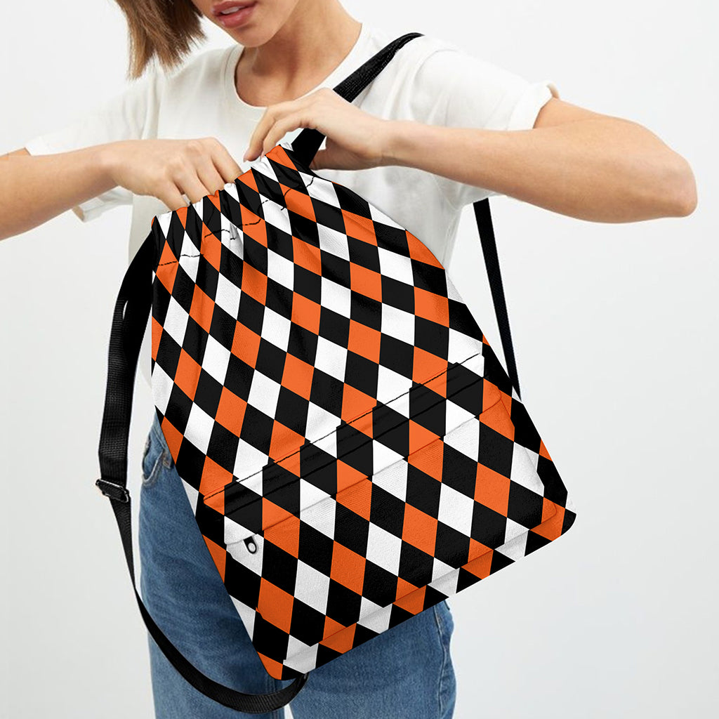 Orange Black And White Harlequin Print Drawstring Backpack
