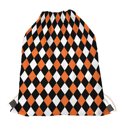 Orange Black And White Harlequin Print Drawstring Bag