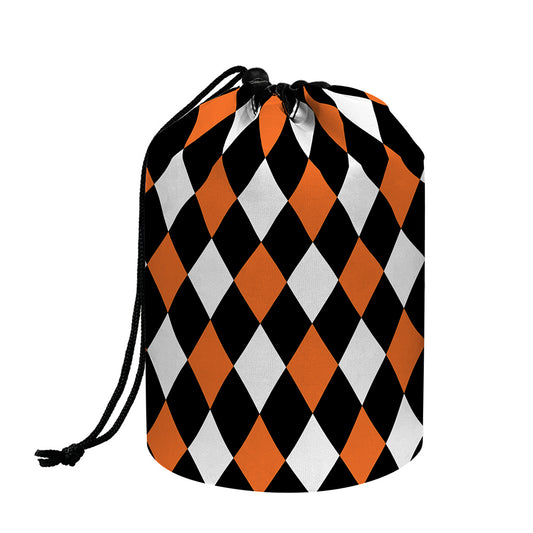 Orange Black And White Harlequin Print Drawstring Makeup Bag