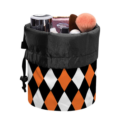 Orange Black And White Harlequin Print Drawstring Makeup Bag