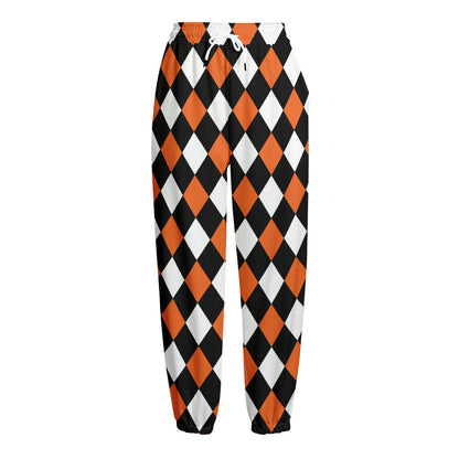 Orange Black And White Harlequin Print Fleece Lined Knit Pants