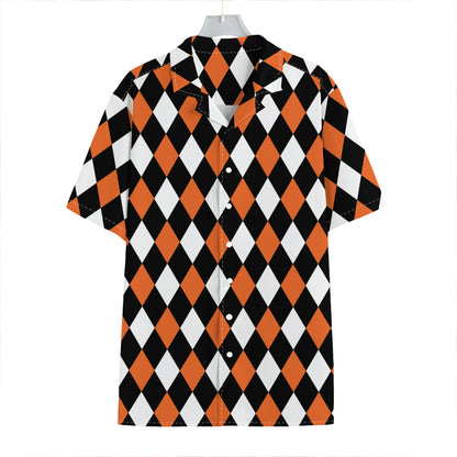 Orange Black And White Harlequin Print Hawaiian Shirt