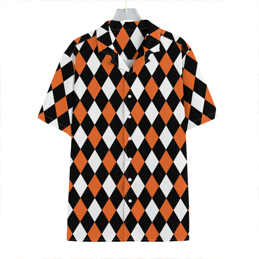 Orange Black And White Harlequin Print Hawaiian Shirt