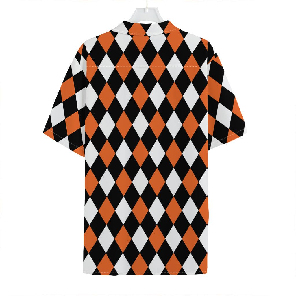 Orange Black And White Harlequin Print Hawaiian Shirt
