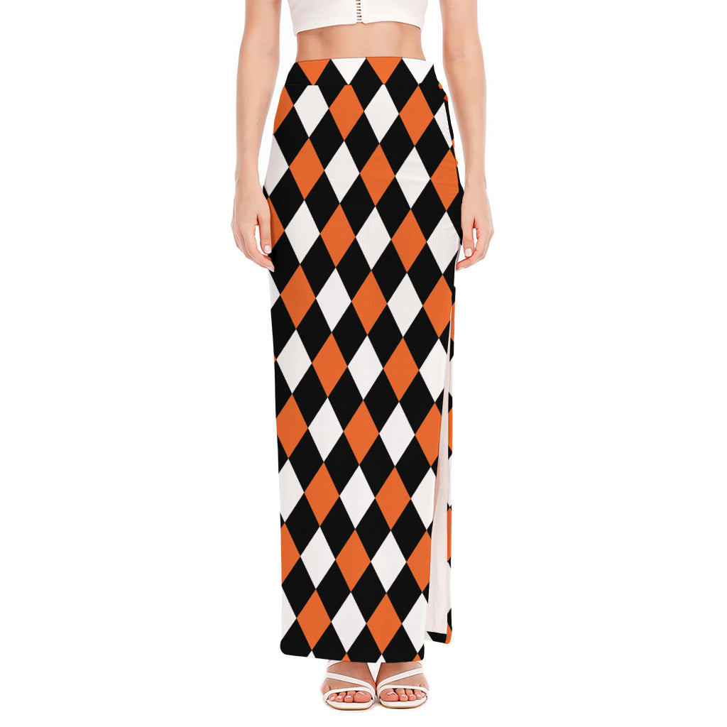 Orange Black And White Harlequin Print High Slit Maxi Skirt