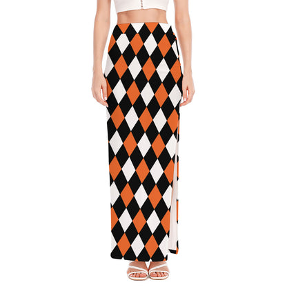 Orange Black And White Harlequin Print High Slit Maxi Skirt