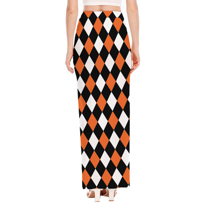 Orange Black And White Harlequin Print High Slit Maxi Skirt