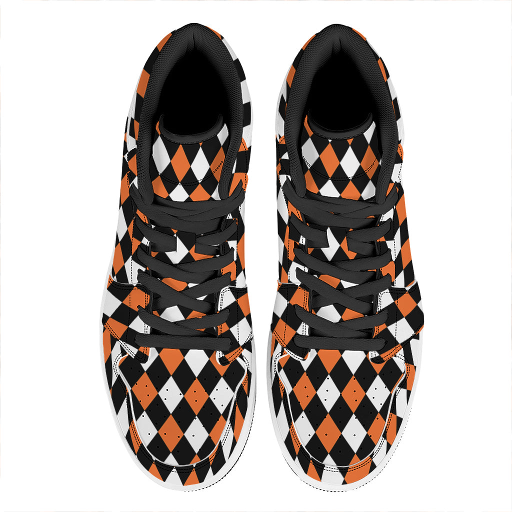 Orange Black And White Harlequin Print High Top Leather Sneakers