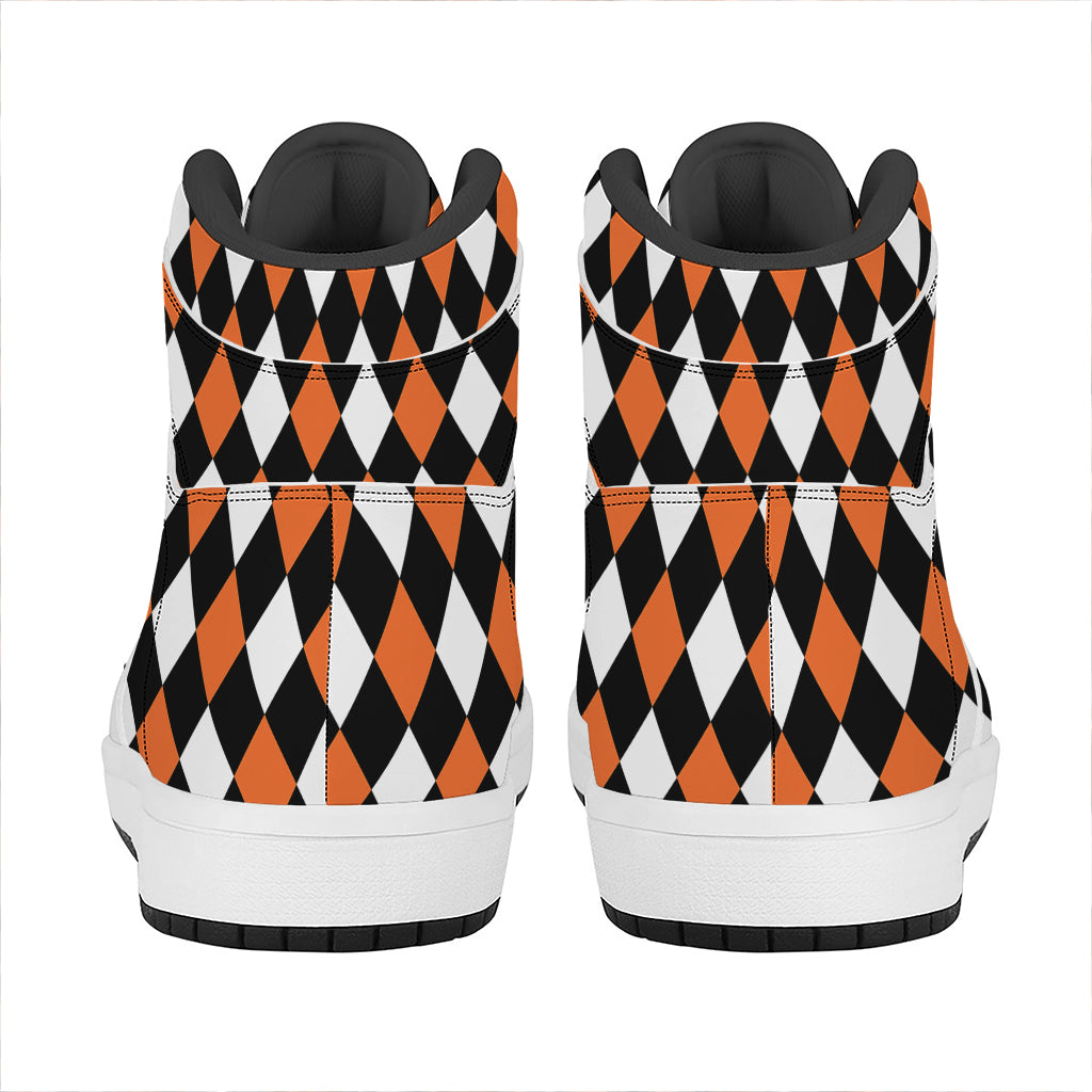 Orange Black And White Harlequin Print High Top Leather Sneakers
