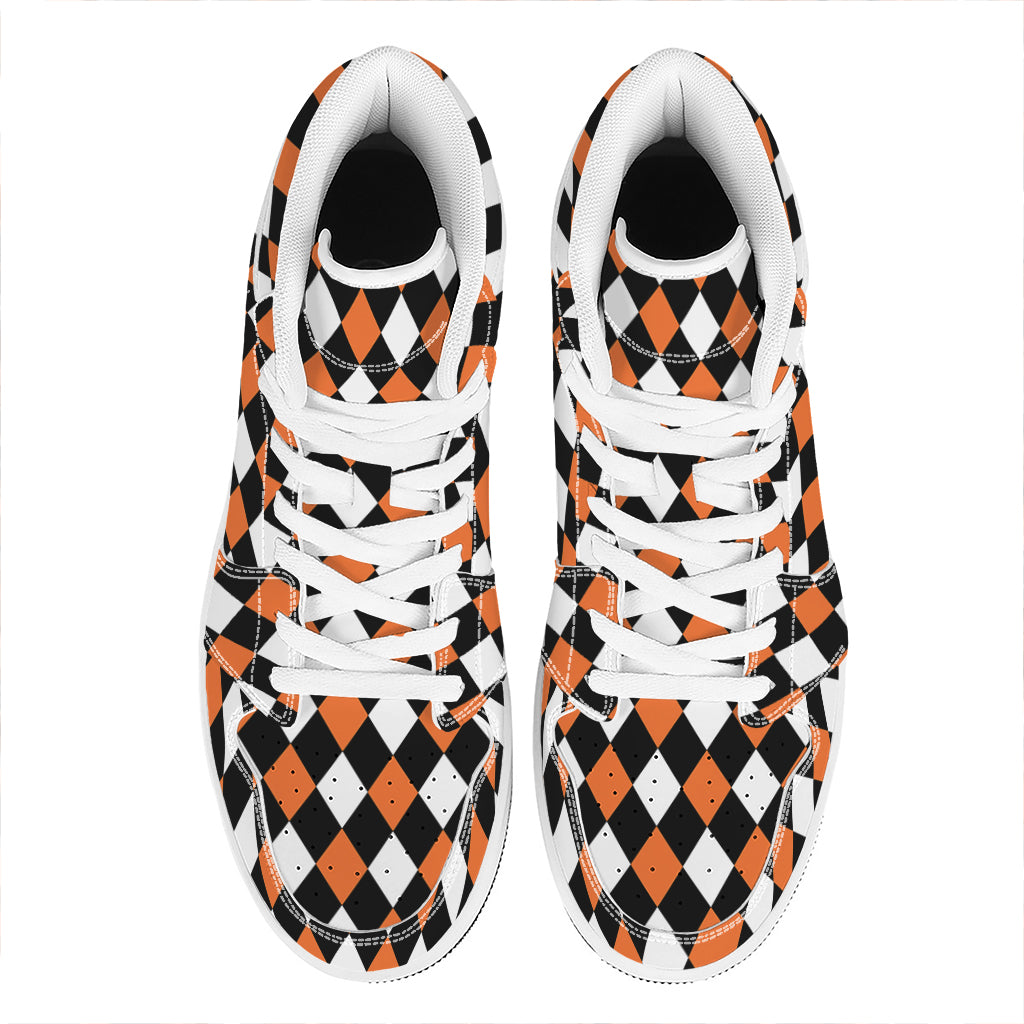 Orange Black And White Harlequin Print High Top Leather Sneakers