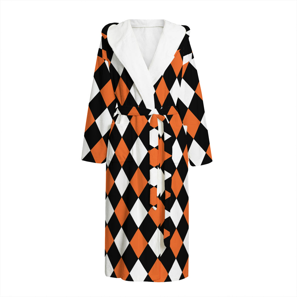 Orange Black And White Harlequin Print Hooded Bathrobe