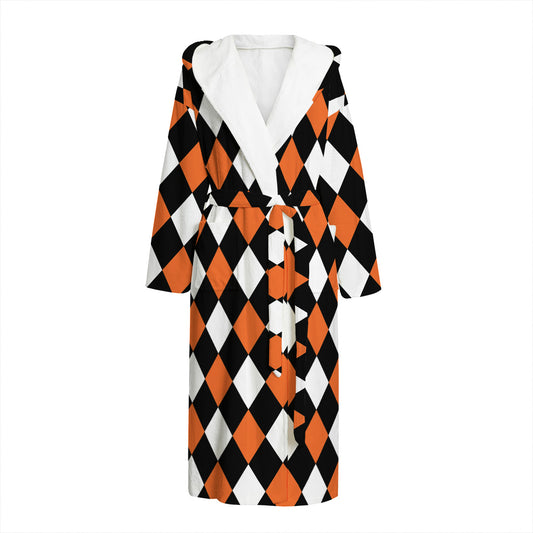 Orange Black And White Harlequin Print Hooded Bathrobe