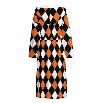 Orange Black And White Harlequin Print Hooded Bathrobe