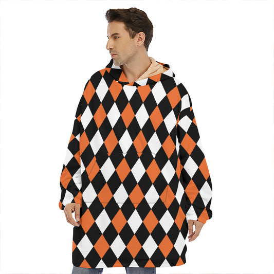 Orange Black And White Harlequin Print Hoodie Blanket