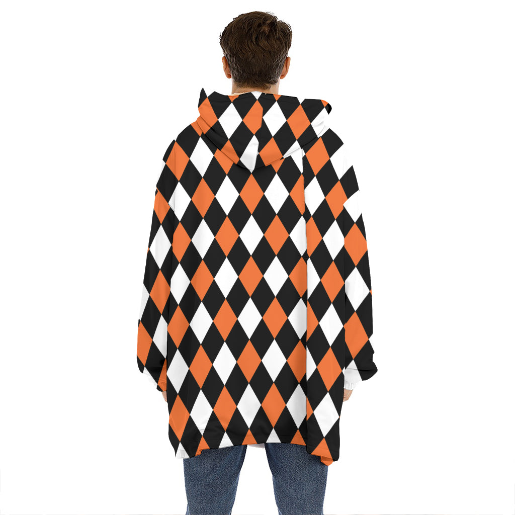 Orange Black And White Harlequin Print Hoodie Blanket