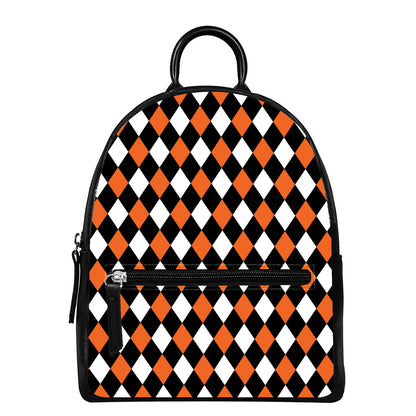 Orange Black And White Harlequin Print Leather Backpack
