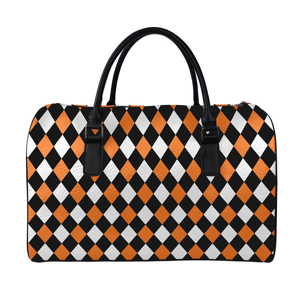 Orange Black And White Harlequin Print Leather Duffle Bag