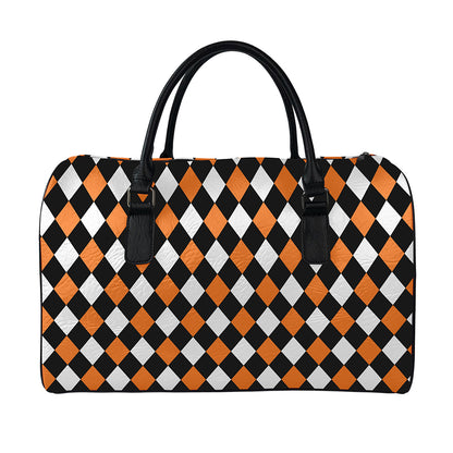 Orange Black And White Harlequin Print Leather Duffle Bag
