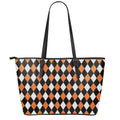 Orange Black And White Harlequin Print Leather Tote Bag With Zipper