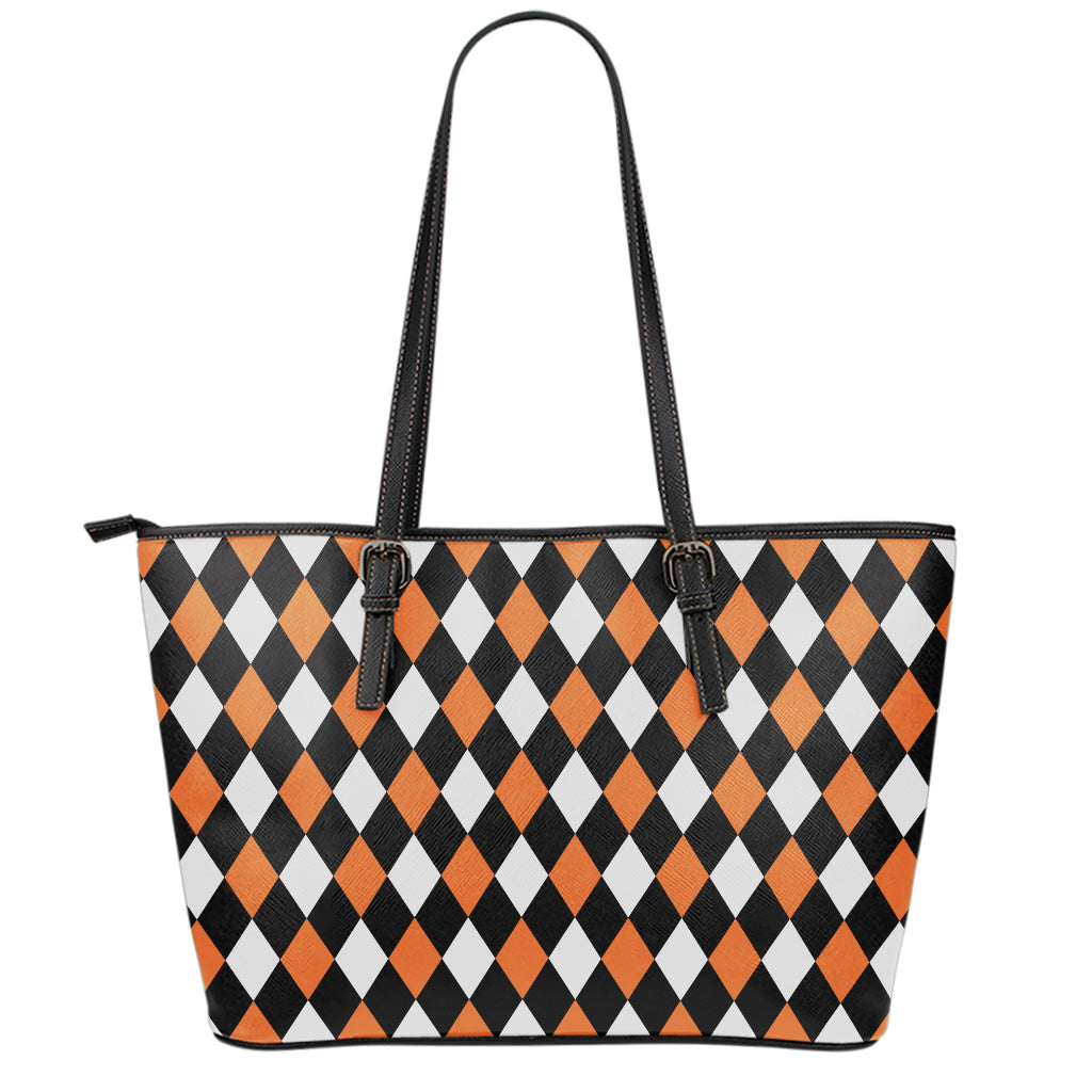 Orange Black And White Harlequin Print Leather Tote Bag