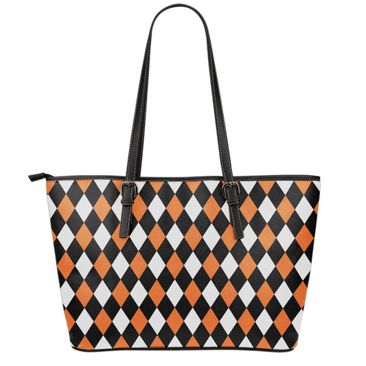 Orange Black And White Harlequin Print Leather Tote Bag
