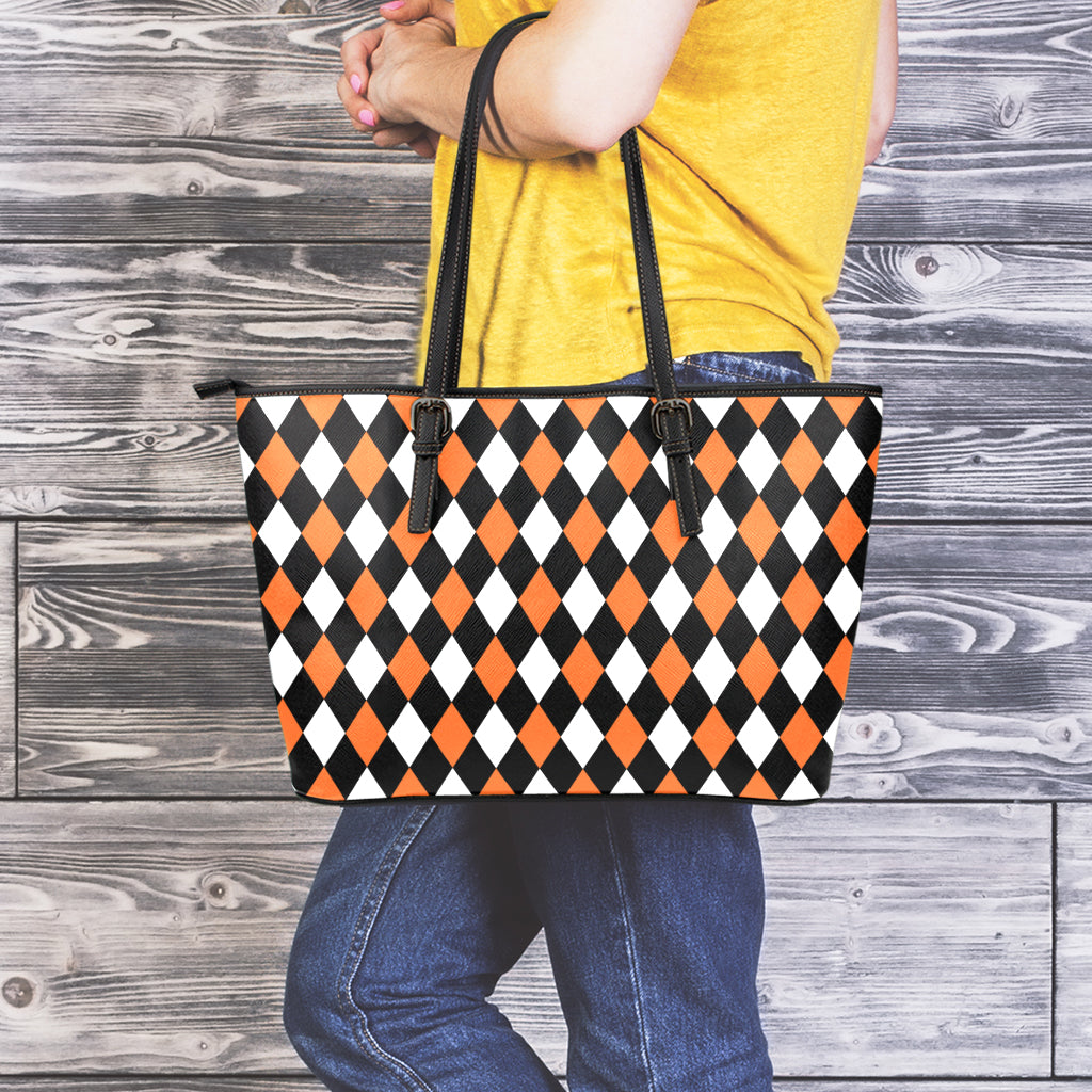 Orange Black And White Harlequin Print Leather Tote Bag