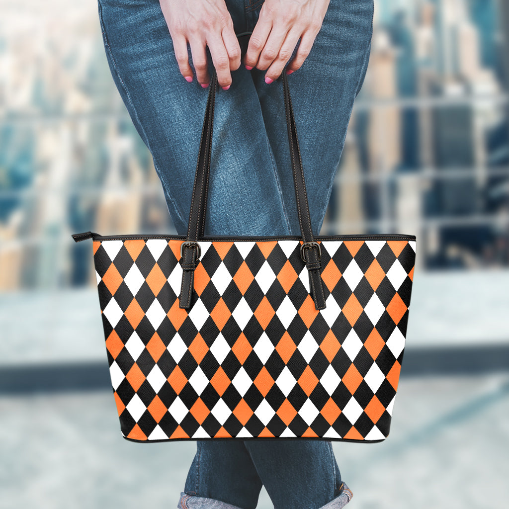 Orange Black And White Harlequin Print Leather Tote Bag
