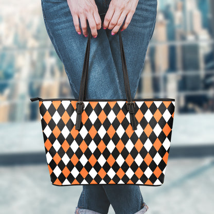 Orange Black And White Harlequin Print Leather Tote Bag