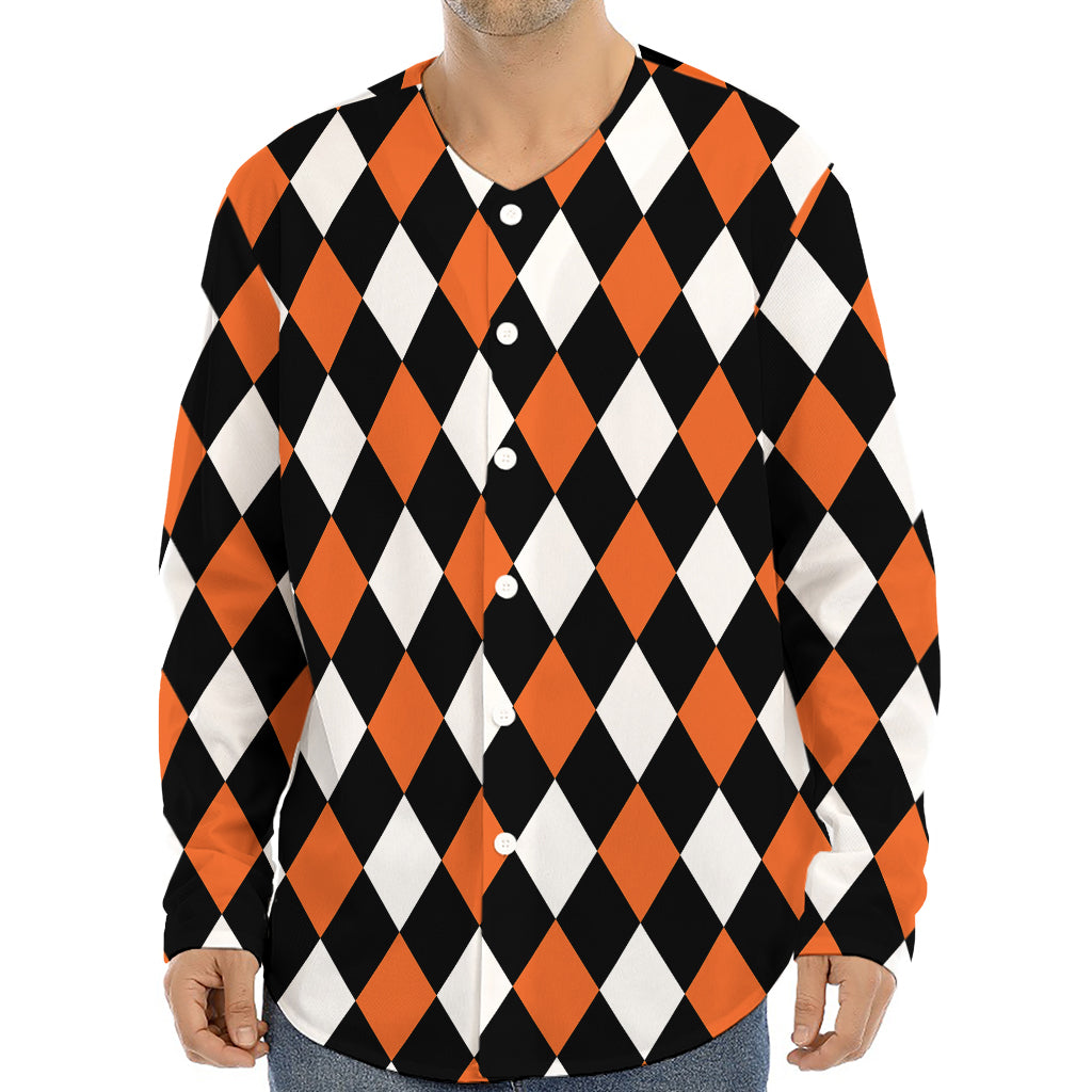 Orange Black And White Harlequin Print Long Sleeve Baseball Jersey