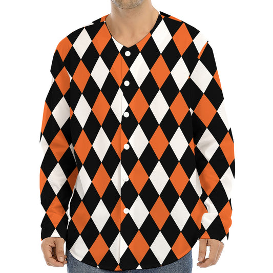 Orange Black And White Harlequin Print Long Sleeve Baseball Jersey