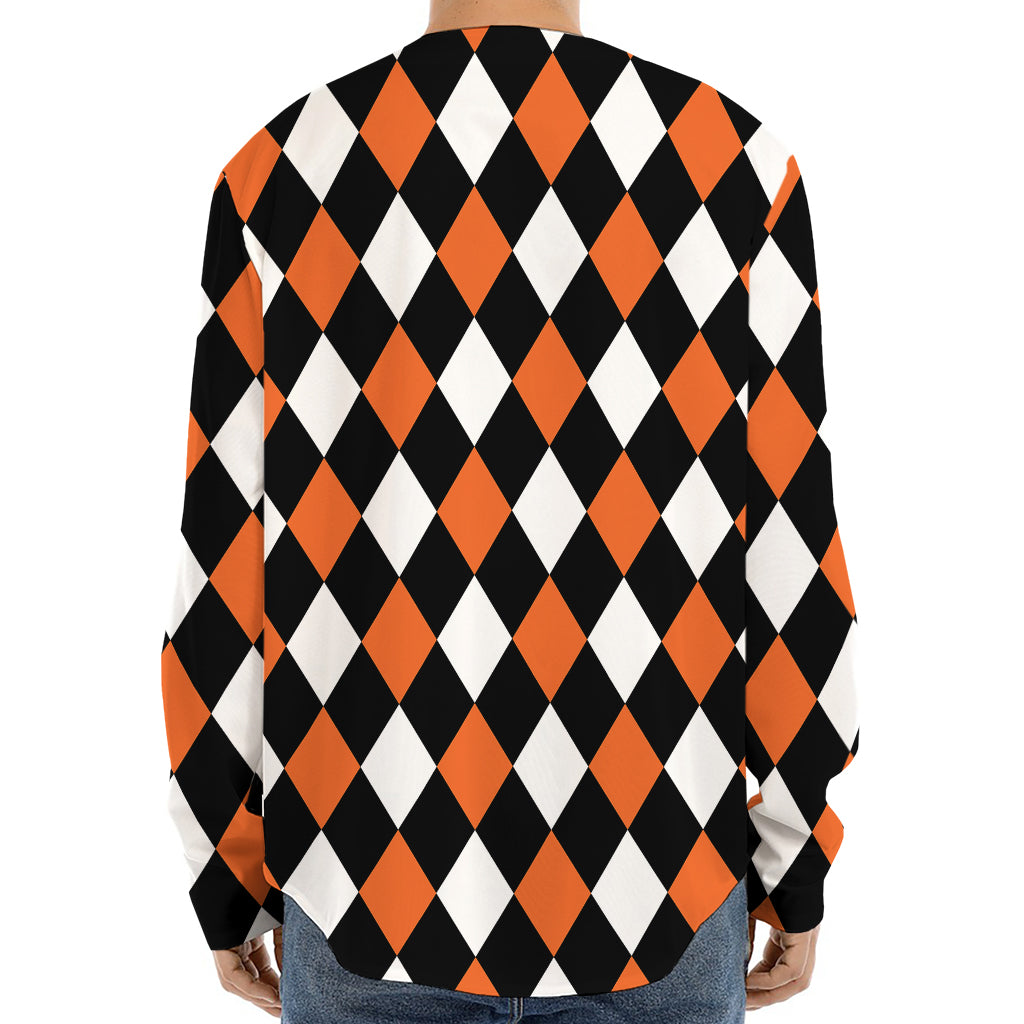 Orange Black And White Harlequin Print Long Sleeve Baseball Jersey