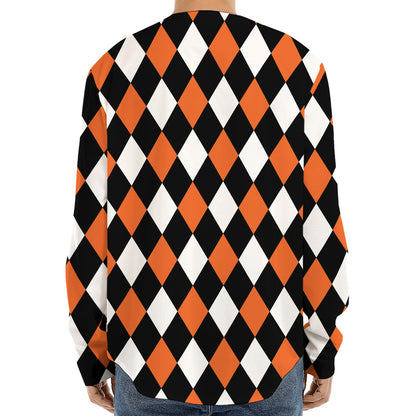 Orange Black And White Harlequin Print Long Sleeve Baseball Jersey