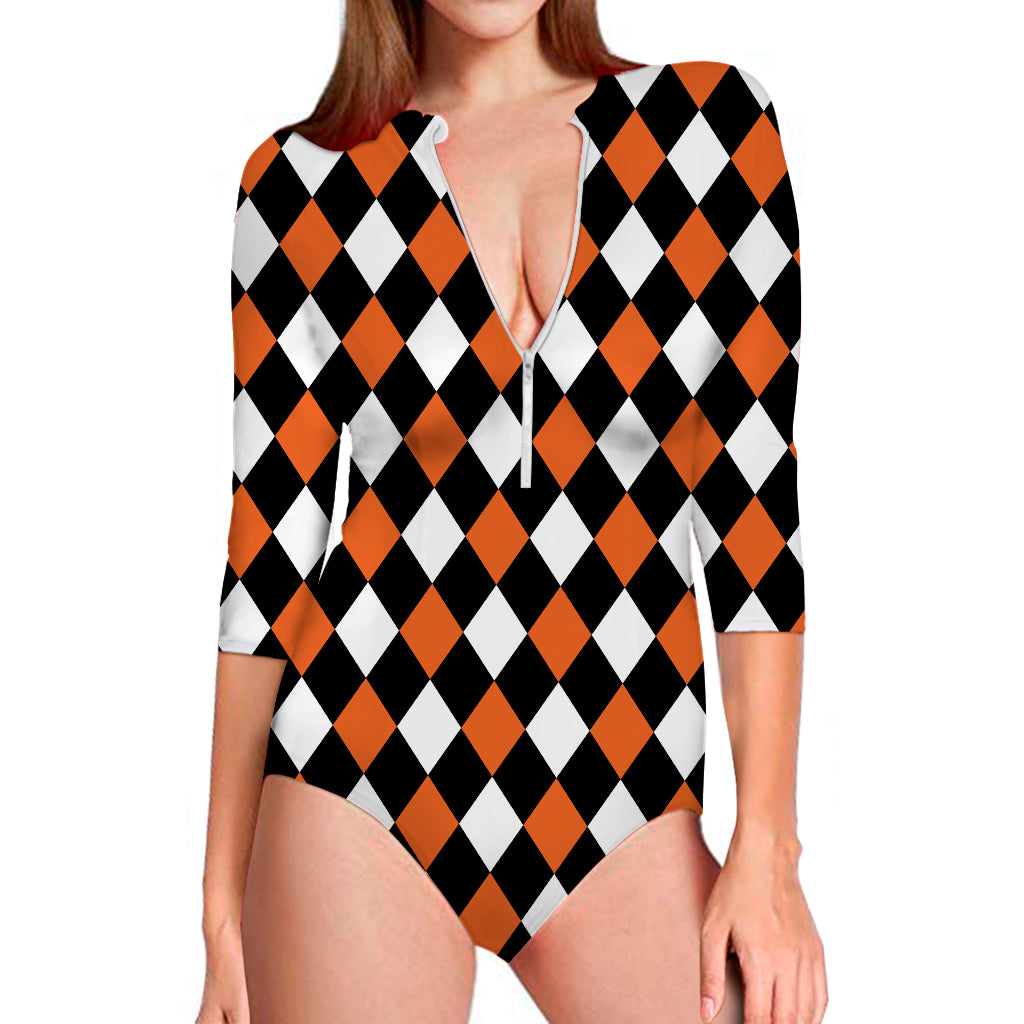 Orange Black And White Harlequin Print Long Sleeve Swimsuit