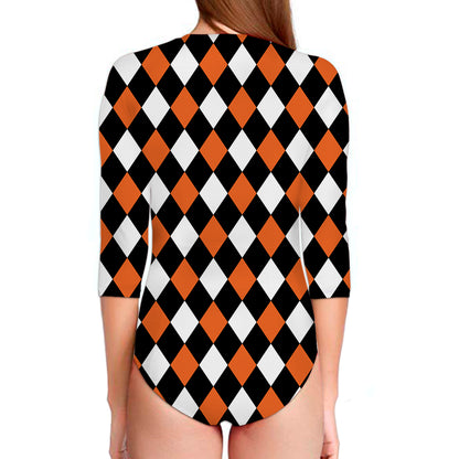 Orange Black And White Harlequin Print Long Sleeve Swimsuit
