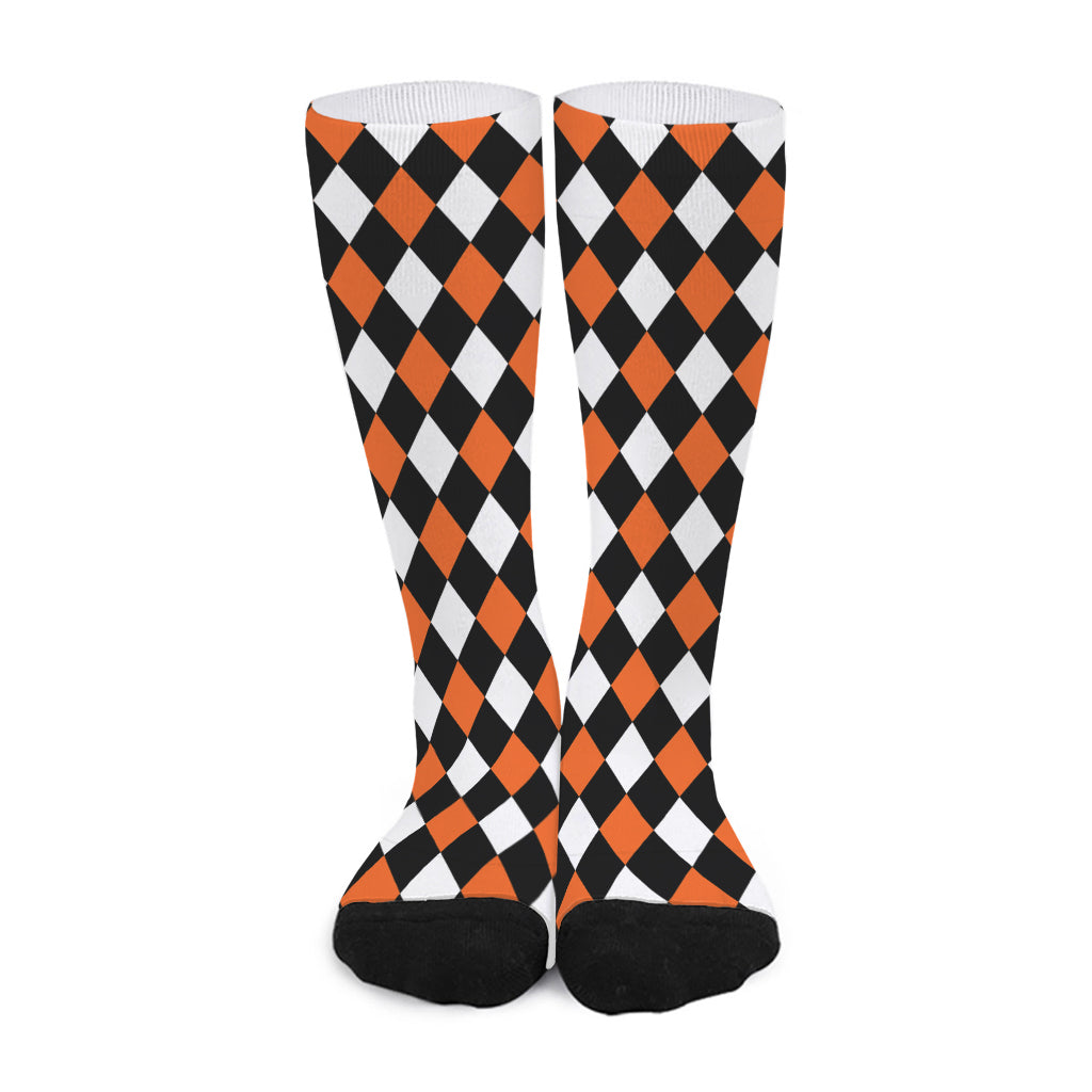 Orange Black And White Harlequin Print Long Socks