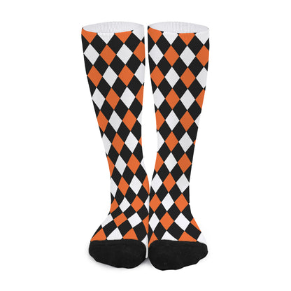 Orange Black And White Harlequin Print Long Socks