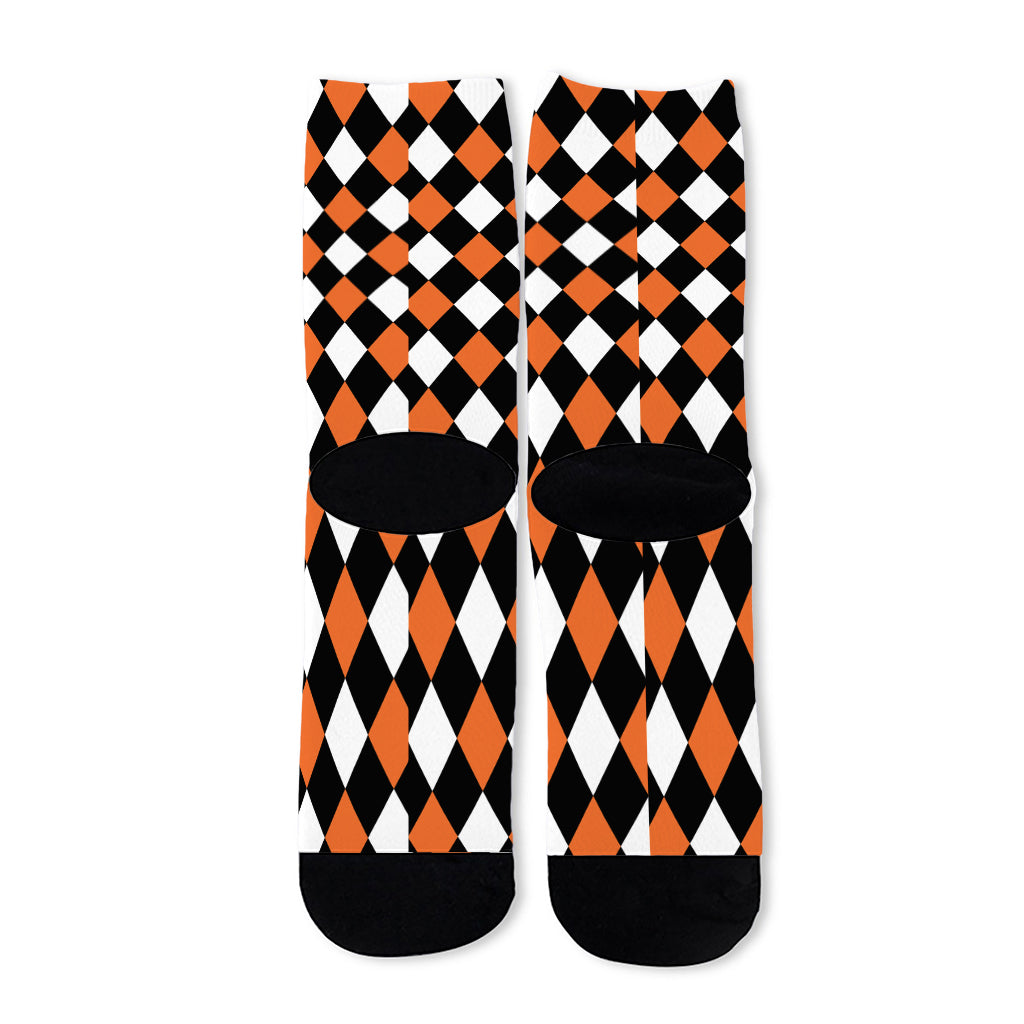 Orange Black And White Harlequin Print Long Socks