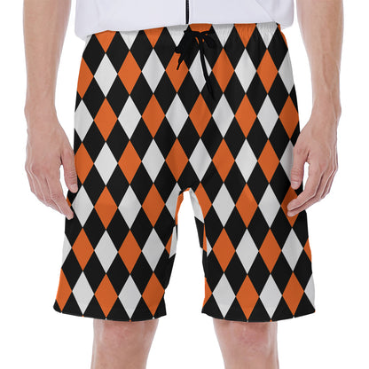 Orange Black And White Harlequin Print Men's Beach Shorts