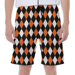 Orange Black And White Harlequin Print Men's Beach Shorts