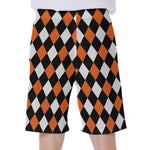 Orange Black And White Harlequin Print Men's Beach Shorts