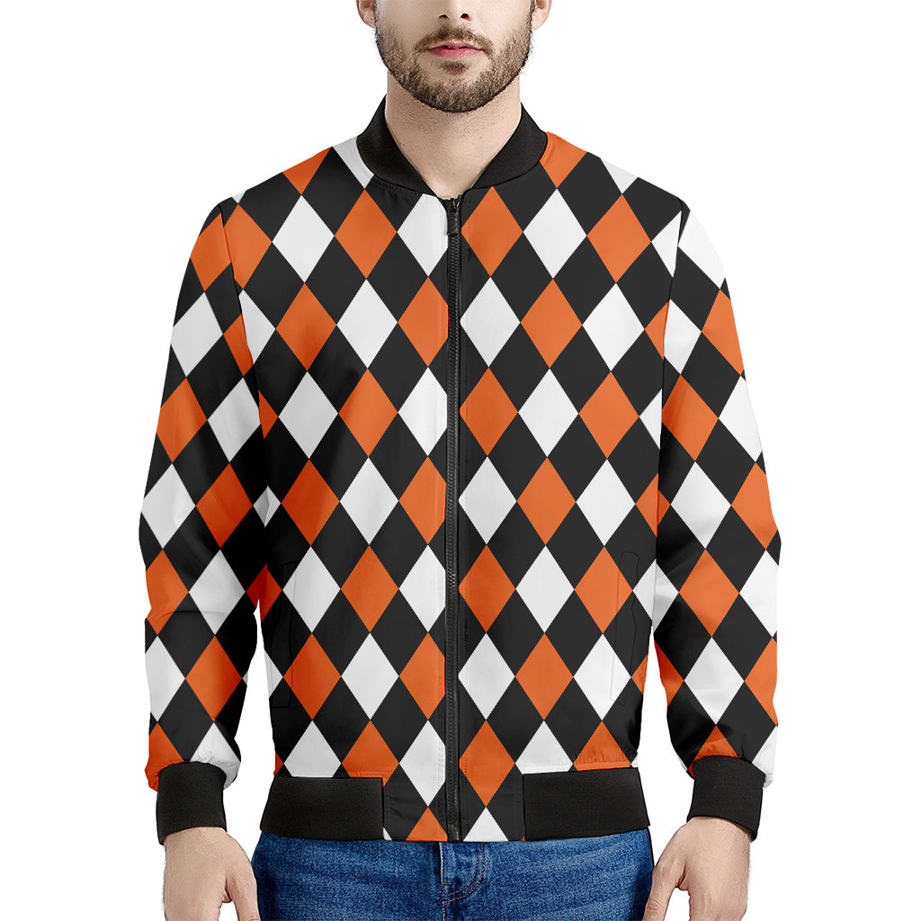 Orange Black And White Harlequin Print Men's Bomber Jacket