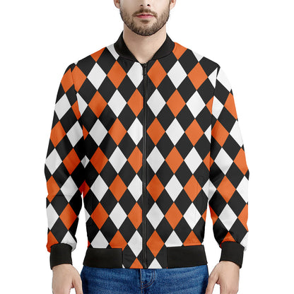 Orange Black And White Harlequin Print Men's Bomber Jacket