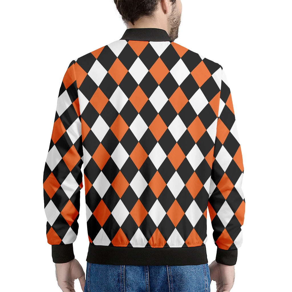 Orange Black And White Harlequin Print Men's Bomber Jacket