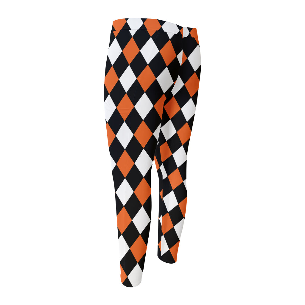 Orange Black And White Harlequin Print Men's Compression Pants