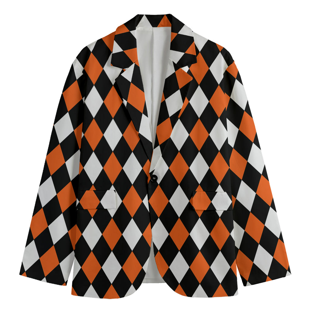 Orange Black And White Harlequin Print Men's Cotton Blazer