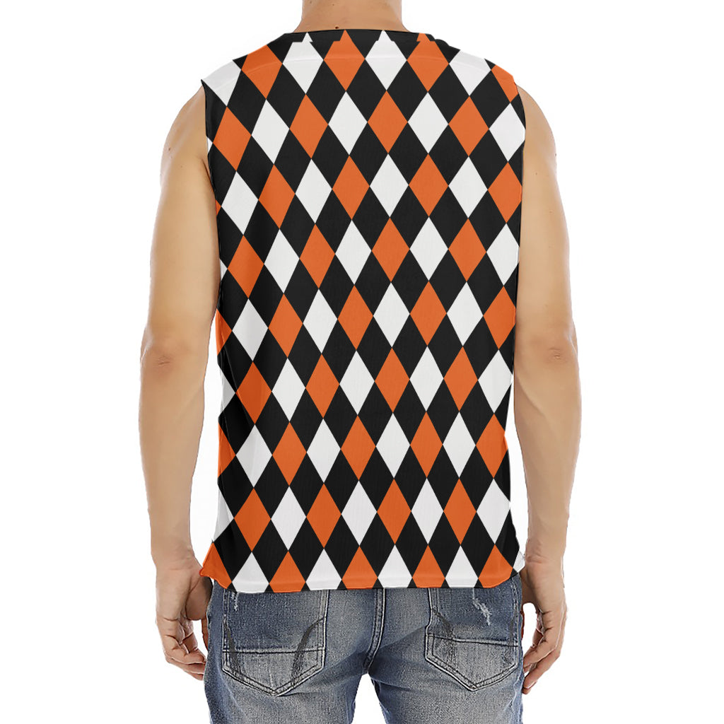 Orange Black And White Harlequin Print Men's Fitness Tank Top